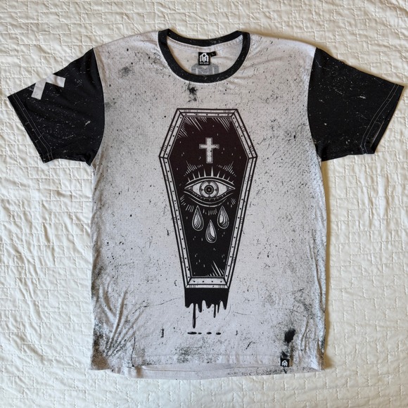 Into The AM Graphic Print T Shirt Coffin Cross Eye Black White Large - Picture 1 of 5